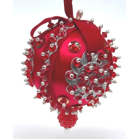 Vintage Red Satin Beaded Push Pin Christmas Ornament Handmade 2 Mid Century - Picture 4 of 12